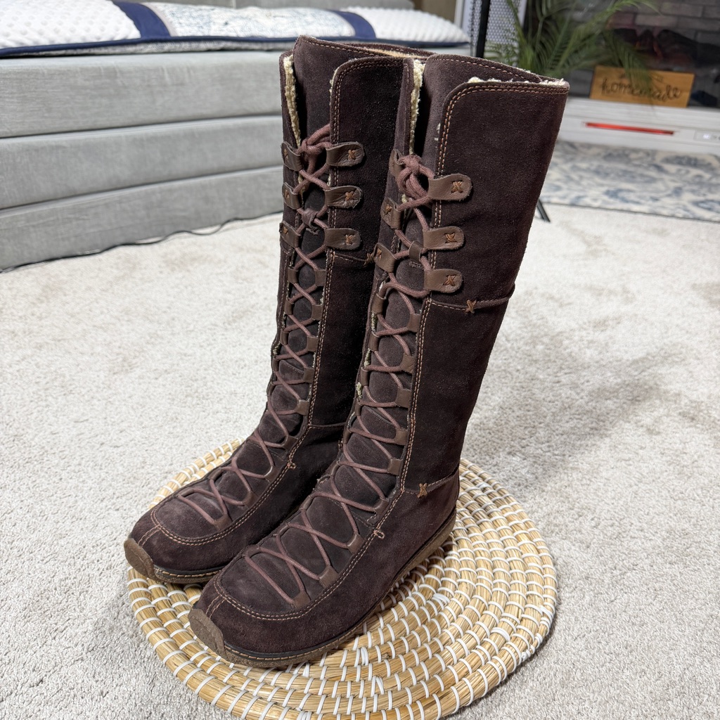 Timberland Y2k Moorland Hollace Tall Brown Suede Lace-Up Boots Sherpa Lined 7.5m